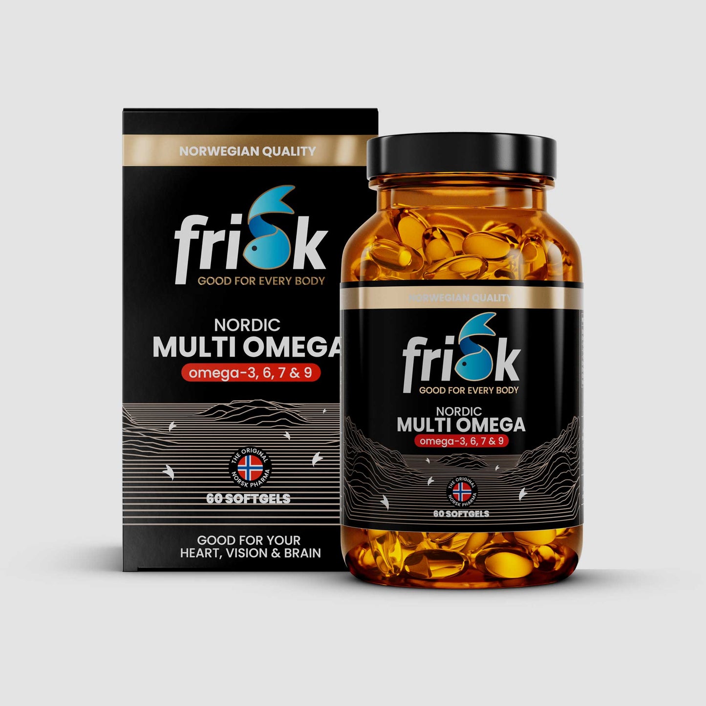 Front view of multi omega supplement 60 soft gels bottle original line beside packaging box health and supplements