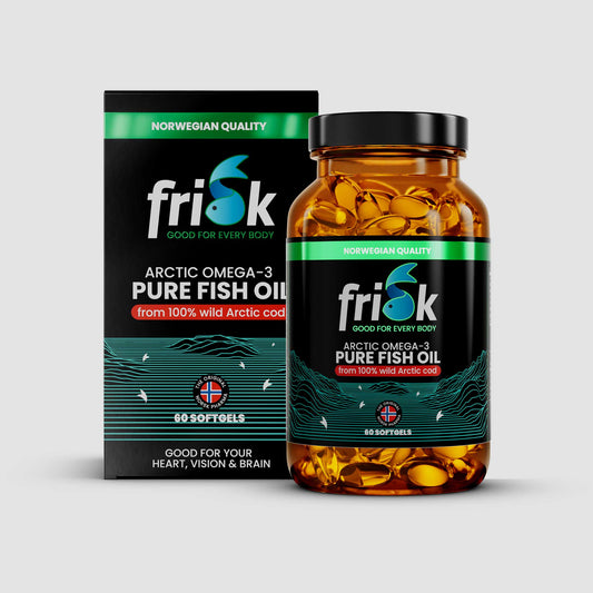 Front view of Frisk Fish oil Omega-3 vitamin D3 vitamin Asupplement 50 ml bottle arctic line beside packaging box for health and supplements
