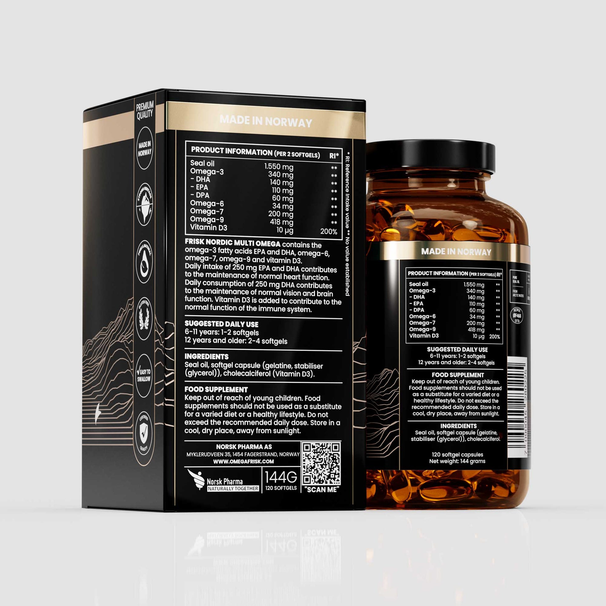 Back view of Frisk multi omega supplement bottle original line beside packaging box health and supplements