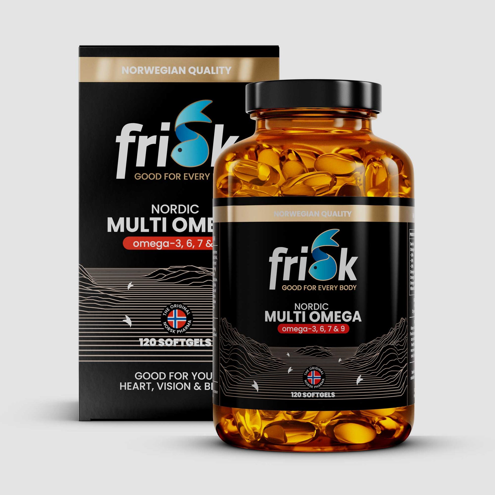 Front view of Frisk multi omega supplement bottle original line beside packaging box health and supplements