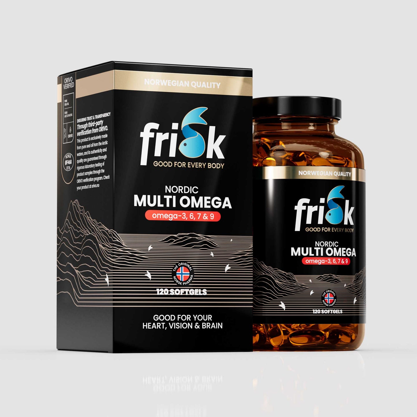 Side view of Frisk multi omega supplement bottle original line beside packaging box health and supplements