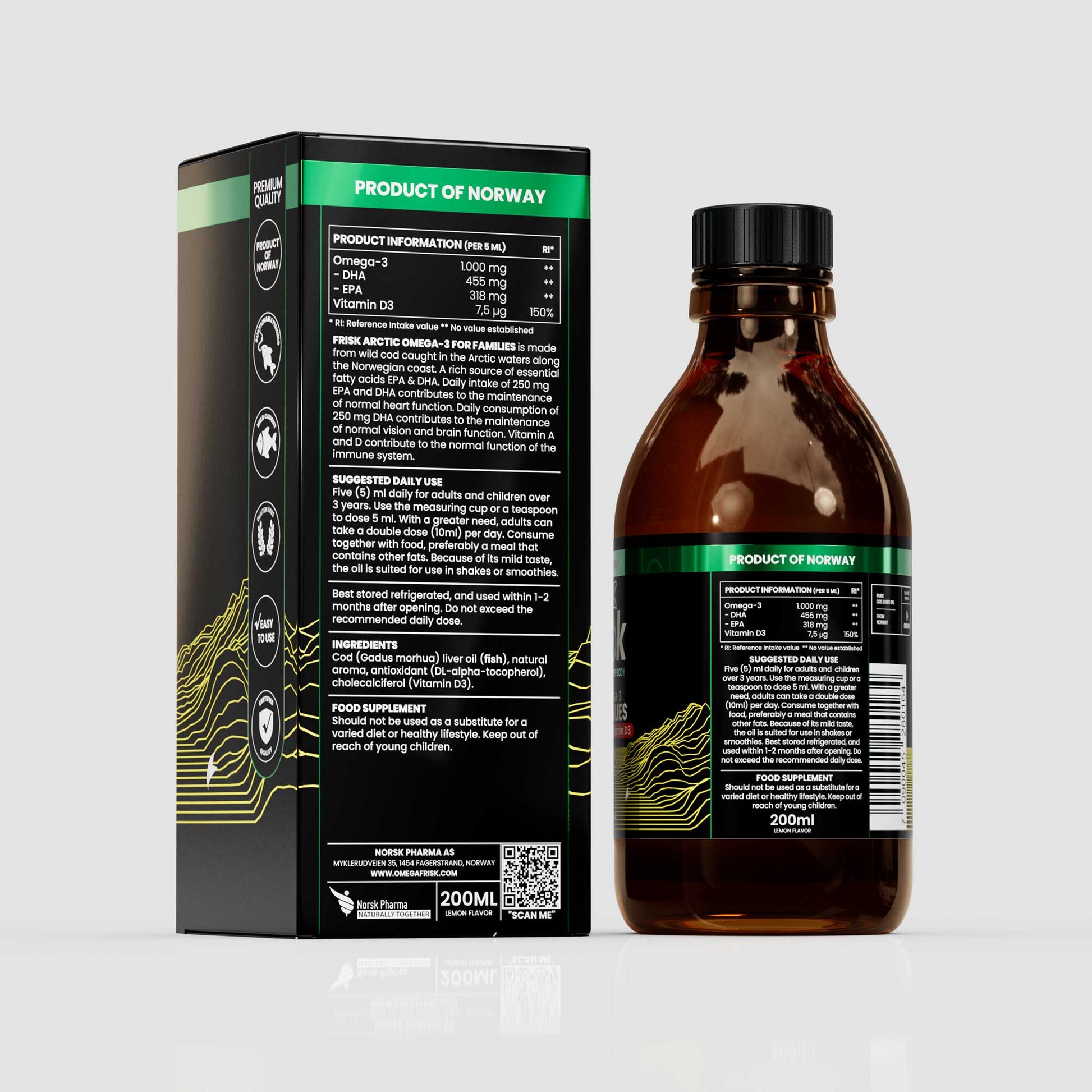 Back view of Frisk Omega-3 lemon flavour supplement 200 ml bottle beside packaging box for families health and supplements