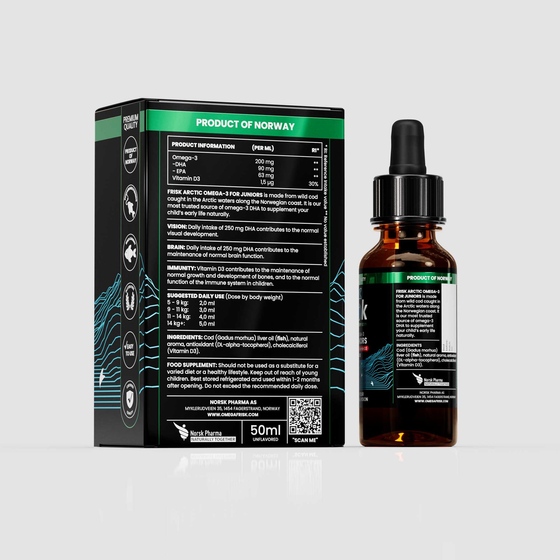 Back view of Frisk Omega-3 supplement 50 ml bottle beside packaging box for juniors health and supplements