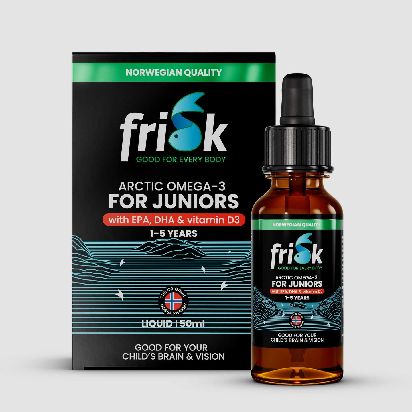 Front view of Frisk Omega-3 supplement 50 ml bottle beside packaging box for juniors health and supplements