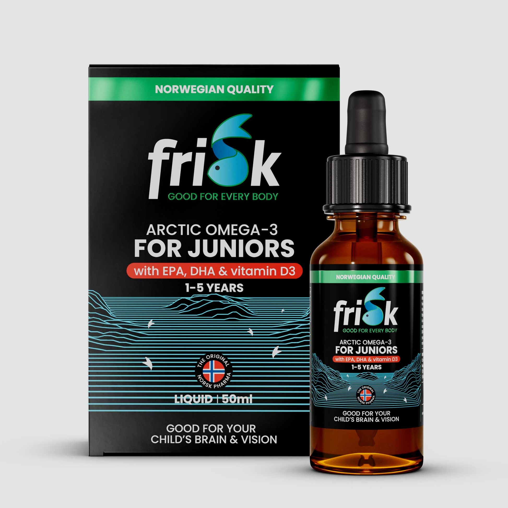 Front view of Frisk Omega-3 supplement 50 ml bottle beside packaging box for juniors health and supplements
