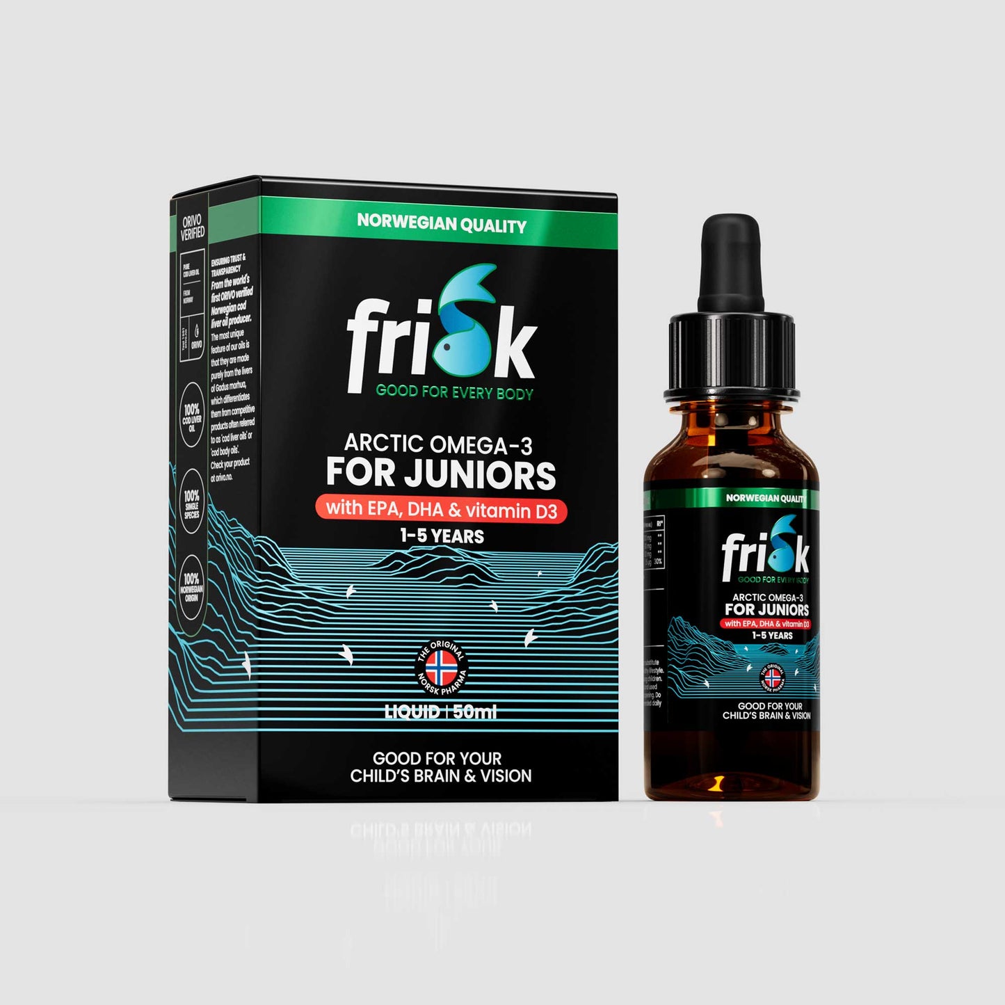 Side view of Frisk Omega-3 D3 supplement 50 ml bottle beside packaging box for juniors health and supplements