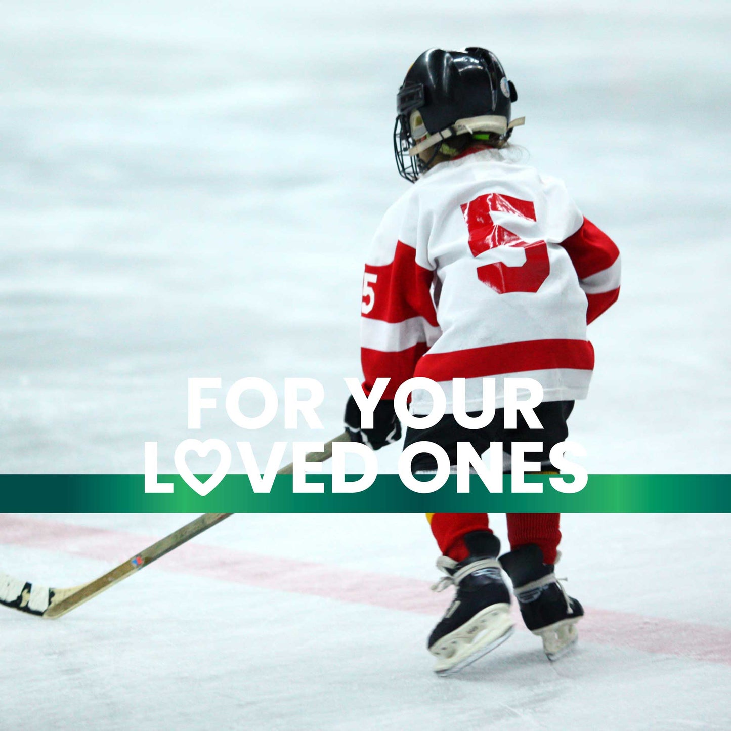 Boy playing hockey in a hockey outfit with Frisk supplements text overlay reads “For your loved ones”