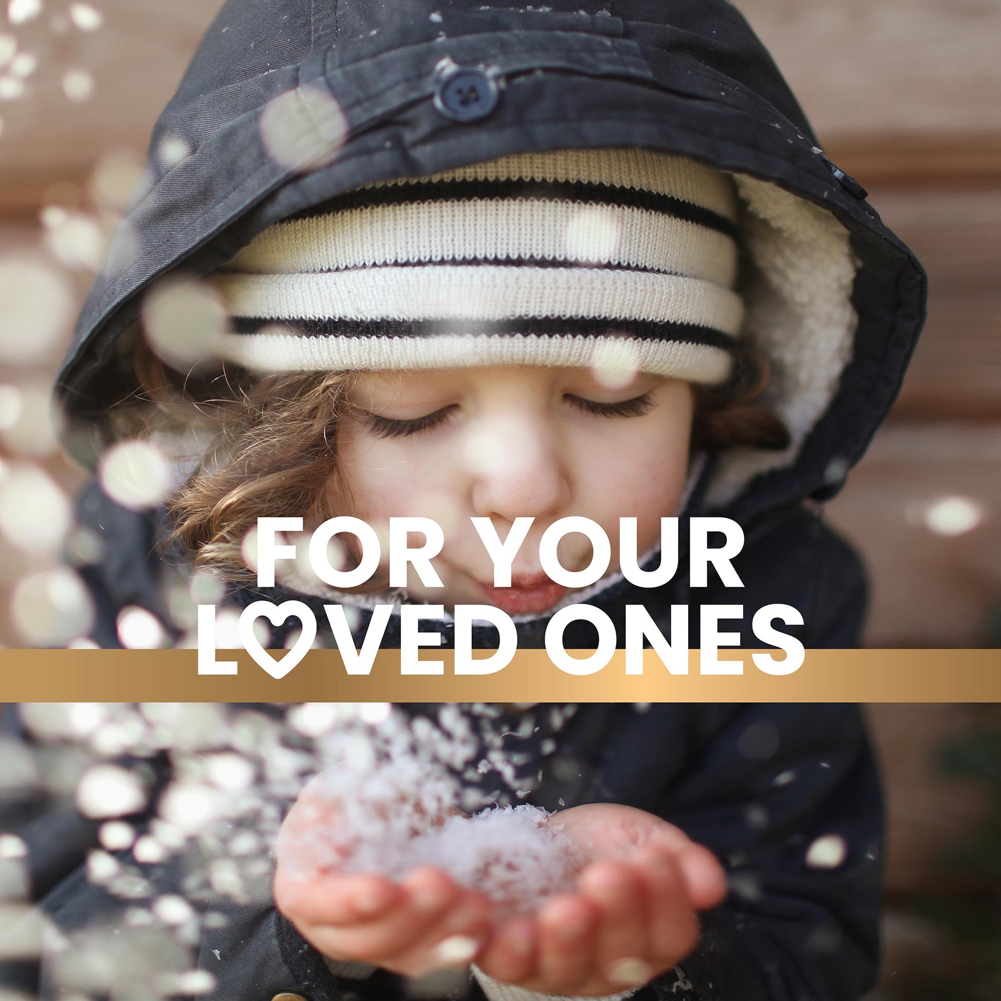 Little girl blowing snow from her hands promoting a healthy lifestyle with Frisk supplements text overlay reads “For your loved ones” 
